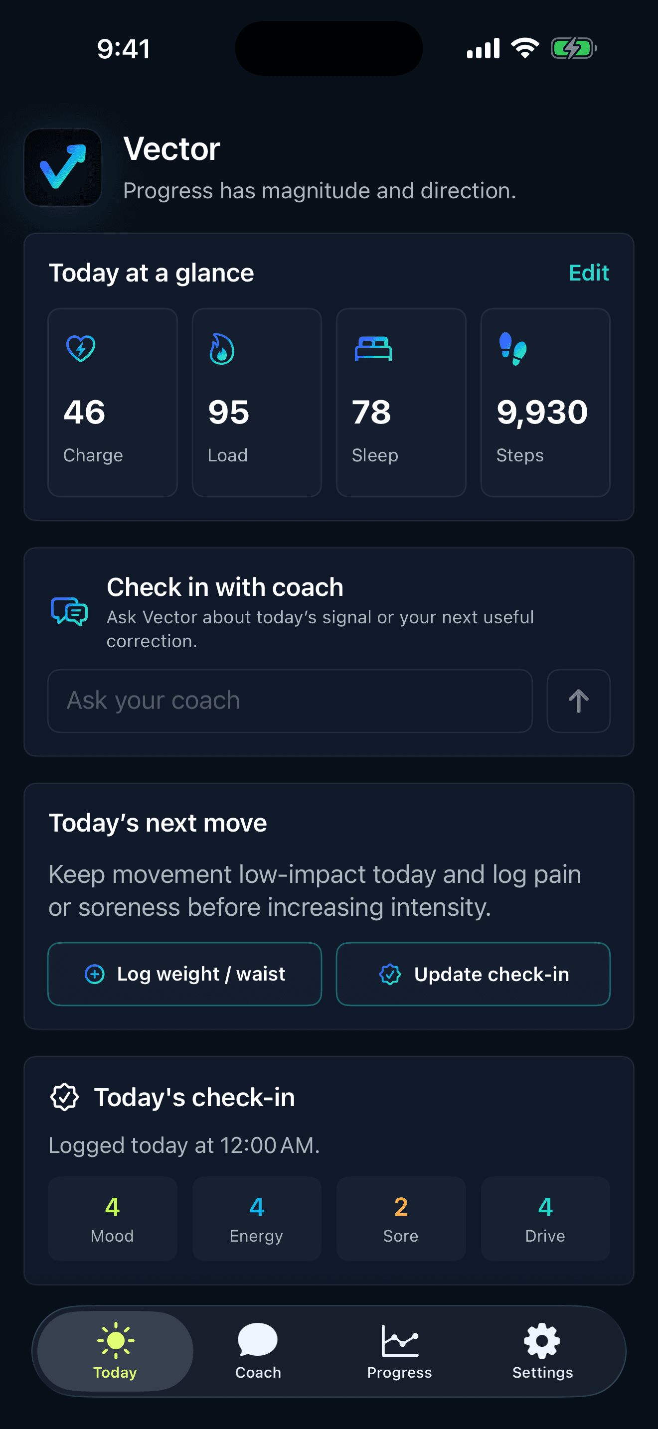 Vector Coach Today screen showing Charge, Load, Sleep, daily check-in, and next move.